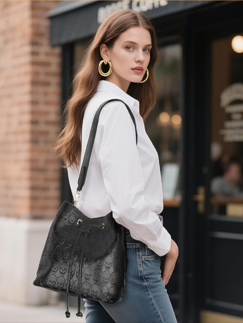 Black Embossed Skull Drawstring Hobo  Shoulder Bag.